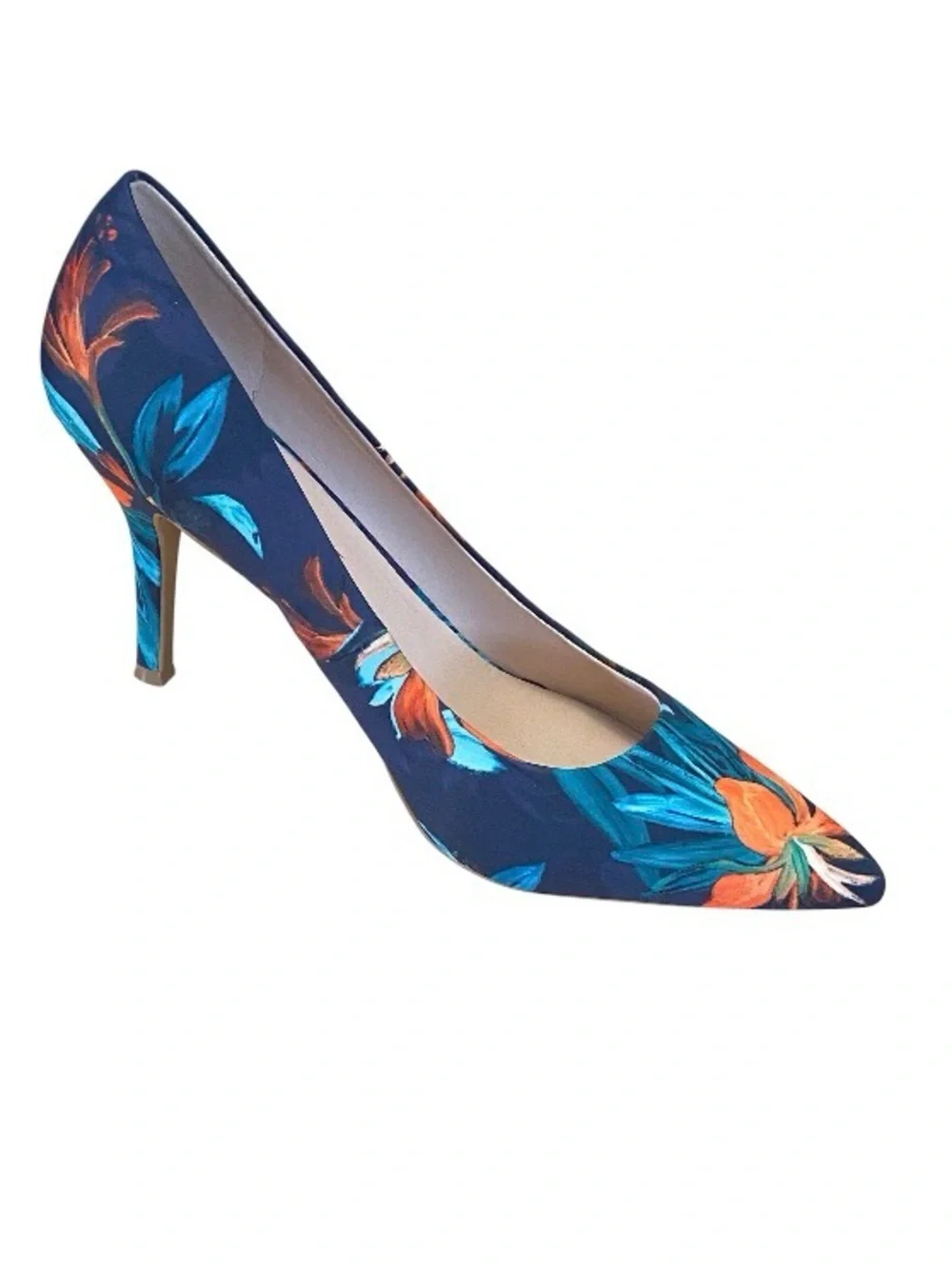 Nine West Tatiana Tropical Floral Blue Orange Fabric Pointed Toe Heels 10M
